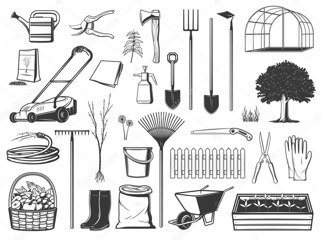 Gardening tools , farming instruments and equipment isolated vector icons. Farmer and gardener shovel, ax, wheelbarrow and saw, boots and gloves. Fruits or vegetable harvest, seeds and sprouts