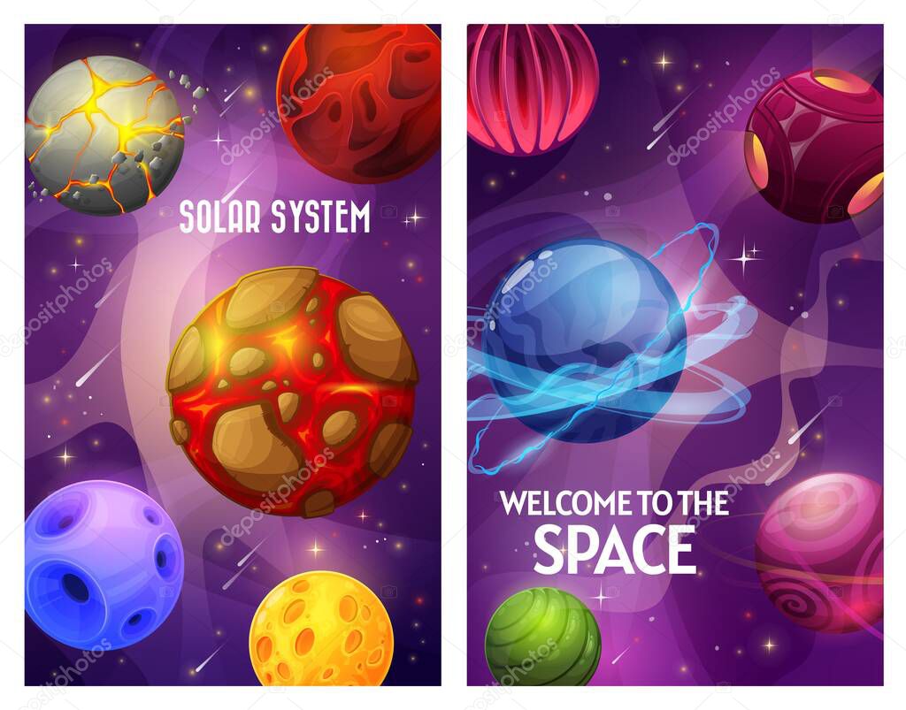 Space and planets, fantasy galaxy sky and universe, vector cartoon game world of aliens. Space futuristic solar system planets with asteroids, moon craters and fantastic cosmic meteors, purple poster