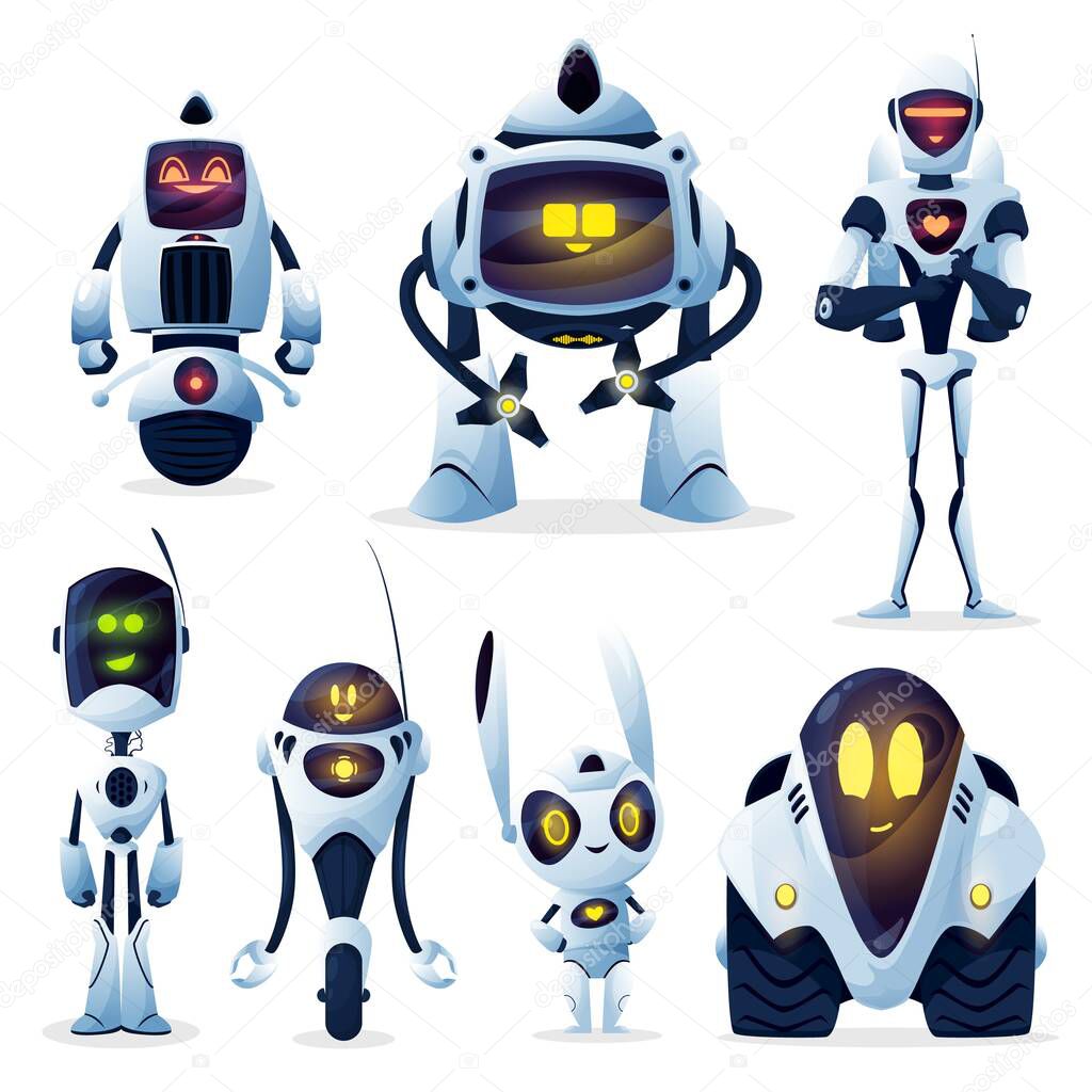 Robots and android bots, cartoon toy characters, vector AI cyborgs. Robot cyborg machines with digital artificial intelligence and mechanical arms, computer game robotic droid creatures on wheels