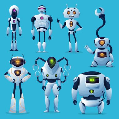 Şirin robotlar ve robotlar, vektör yapay zeka ve ai çizgi film karakterleri. Manipülatör kolları, insansı metal gövdeleri ve antenleri olan beyaz modern robot yardımcıları, androidler, cyborglar ve droidler.