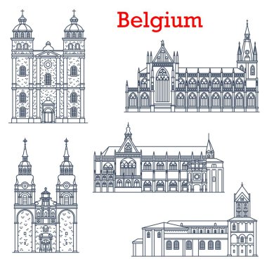 Belçika simgeleri, Liege ve Eupen 'in katedral kiliseleri mimarisi, vektör binalar. Aziz Nicholas Kilisesi veya Nikolaus Pfarrkirche, Bartholomew Kolej Kilisesi ve St. Paul Katedrali