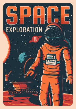 Uzay boşluğunda astronot, evren keşif vektörü retro posteri. Uzay giysisi giymiş kozmonot galaksisi kâşifi Kızıl Gezegen yüzeyinde gezgin ile birlikte duruyor. Mars keşif görevi, kozmonotlu vintage kart