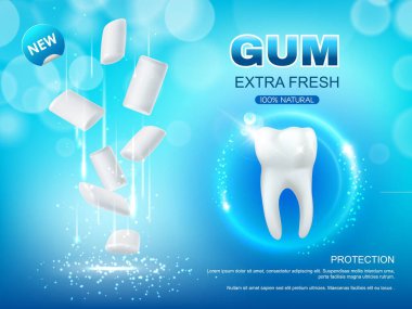 Diş hijyeninin ekstra taze sakız vektör tasarımı. Gerçekçi 3D nane sakızı ve parlak kıvılcımlı beyaz dişler, reklam ya da promosyon posterleri.