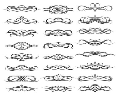 Çiçeksel monokrom başlıkları ve bölme vektörü seti. Zenginlik, süsleme bukleleri ve çiçekler. Klasik kaligrafik tasarım elementleri ve süslemeler davet, retro dekor için beyaza izole edilmiş