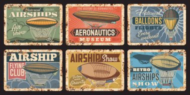 Hava gemisi ve sıcak hava balonu taşıyıcı hava yolculuğu ve uçak tasarımının klasik plakaları. Retro sıcak hava balonları, hava gemisi, aerostat, zeplin ya da sepetli zeplin, gondol ve pervaneli grunge teneke tabaklar.