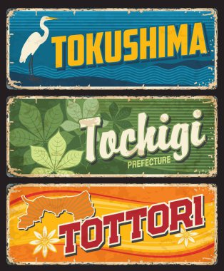 Tokushima, Tochigi ve Tottori teneke tabelaları, Japonya vilayet vektör plakaları. Japon bölgesi metal işaretleri resmi semboller, balıkçıl kuşu, at kestanesi ağacı yaprakları ve nashi armut çiçeği