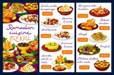 Ramazan mutfağı menüsü, iftar yemeği ve bayram yemekleri, dini bayramlarda oruç tutan vektör mübarek. Restoranda Ramazan Kareem İftar yemek menüsü, İslami geleneksel yemekler, et ve tatlılar