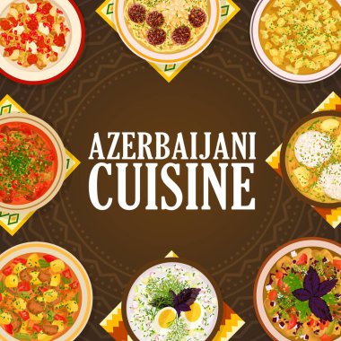 Azerbaycan mutfağı vektör khamrashi çorbası, kuzu sebze güveci ve ızgara sebze salatası. Kufta bozbash ya da mantı çorbası dushbara, dovga, tavuk cornel güveç Azerbaycan çizgi film posterinden yemekler