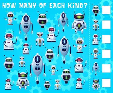 Robotlar ve droidlerle oynadığım çocuklar, masa üstü tahmin oyunu, vektör. Çizgi robotik robotları, androidleri ve kozmik uzaylı karakterleri olan çocuklar için kısırlaştırma oyunu oynuyorum.