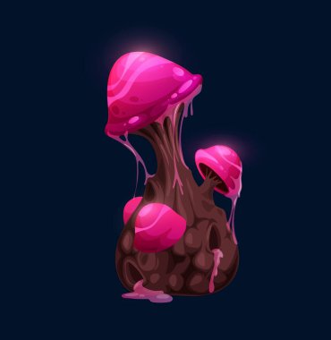 Pembe mantar parıldayan fantezi büyüsü. Çizgi roman vektörü peri masalı mantarı ya da yabancı gezegen yaşam formu, ışıldayan, fantastik pembe mantarlar balçık kaplı, zehirli, radyoaktif ya da zehirli mantarlar