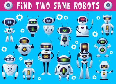 Çocuk oyunu iki aynı robotu bulur, masa üstü ya da masa başı oyun bulmacası, vektör. İki robot droid ya da android sohbet robotu, çocuk oyunu ya da eğlence bilmecesi ve beyin aktivitesi geçmişi bul