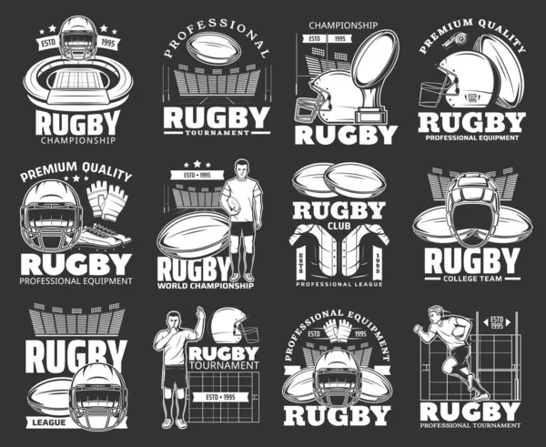 Iconos Retro Del Torneo Rugby Sport Jugador Rugby Corriendo Con — Archivo Imágenes Vectoriales