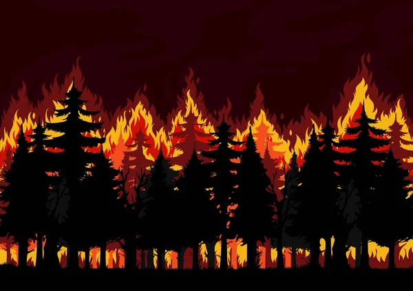 Waldbrand Hintergrund Brennende Fichten Kiefern Vektorsilhouetten Naturkatastrophen Umweltkatastrophen Und Umweltverschmutzung — Stockvektor