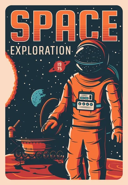 Astronauta Espacio Exterior Vector Exploración Del Universo Cartel Retro Explorador — Archivo Imágenes Vectoriales