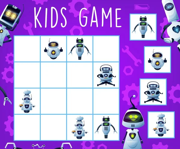 Sudoku Laberinto Juego Niños Con Robots Droides Rompecabezas Lógica Mesa — Vector de stock