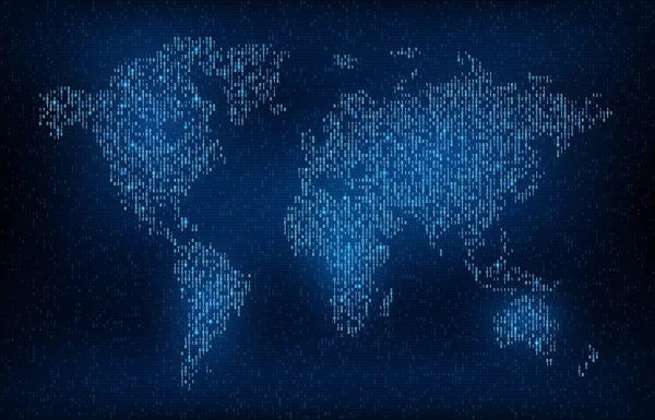 디지털 배경은 글로벌 네트워크이다 Wold Map Neon Light Blue Pixels — 스톡 벡터