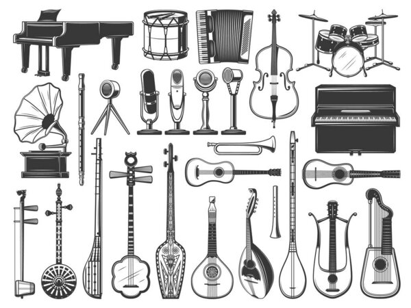Music instruments icons, drum, violin, guitar and piano, vector. Orchestra classic and folk music instruments, flute, trumpet and jazz saxophone, acoustic banjo and harp, concert tambourine and drums