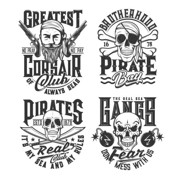 Camiseta Bandas Piratas Del Mar Estampada Con Calaveras Humanas Huesos — Vector de stock