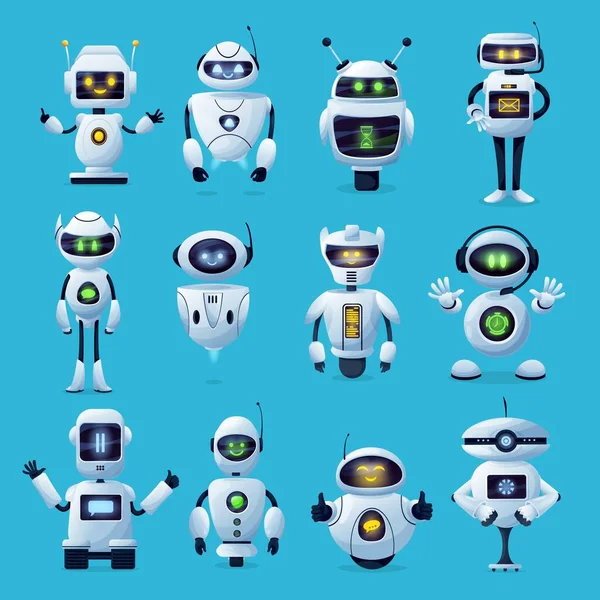 ベクトルAiまたは人工知能ロボットマシンを備えたロボット漫画のキャラクター かわいい顔の画面 アンテナやマニピュレータと現代の白いロボット おもちゃ ヒューマノイドアンドロイドやチャットボット — ストックベクタ