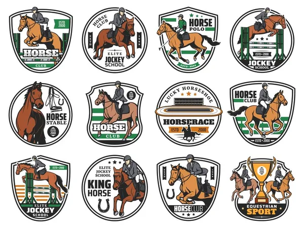 Corridas Cavalos Jockey Polo Clube Emblemas Passeios Esportivos Equestres Ícones — Vetor de Stock