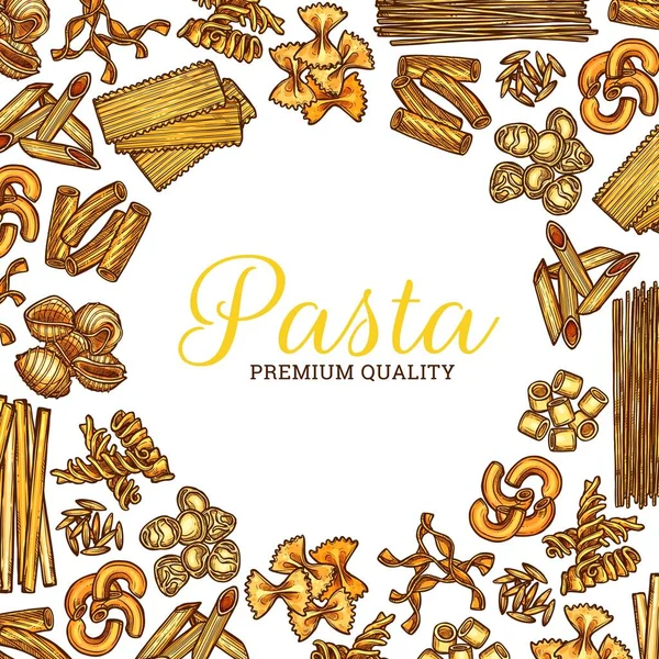 イタリアのパスタスケッチラウンドポスター ベクトルイタリア料理スパゲティとマカロニ フッリ フェットチーネまたはタグリアテルとペンネやラビオリのパスタスケッチとレストランメニューのためのイタリアのパスタ料理ポスター — ストックベクタ