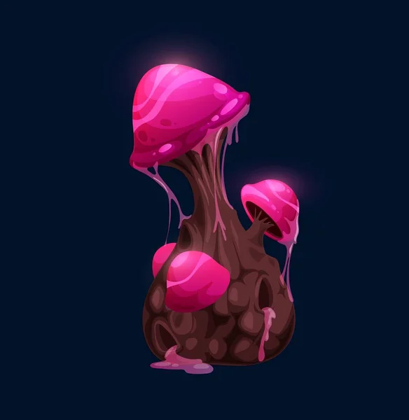 幻想的な魔法の輝くピンクのキノコ 漫画ベクトルおとぎ話の真菌やエイリアンの惑星のライブフォーム 発光輝く 幻想的なピンクのキノコ覆われた粘菌 放射性または毒性の真菌 — ストックベクタ
