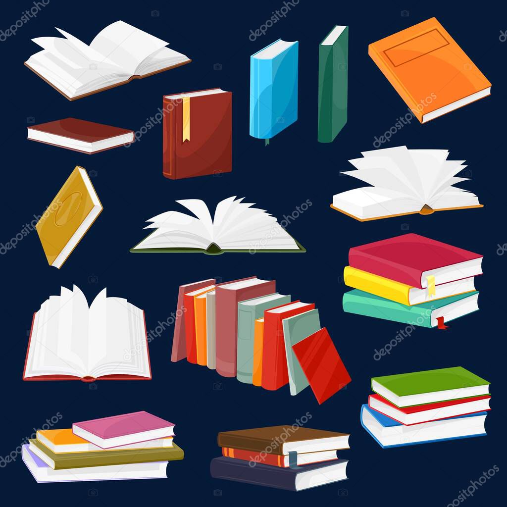 Book and textbook vector set with cartoon piles or stacks of open and closed books with blank paper pages and bookmarks. Textbooks, dictionary and encyclopedia of science, education or wisdom design