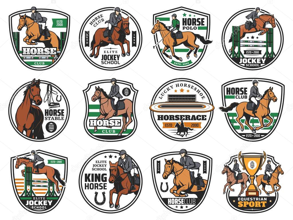 Horse races and jockey polo club emblems, equestrian sport rides, vector icons. Equine steeplechase championship, jockey school and hippodrome training, elite horse polo cup badges