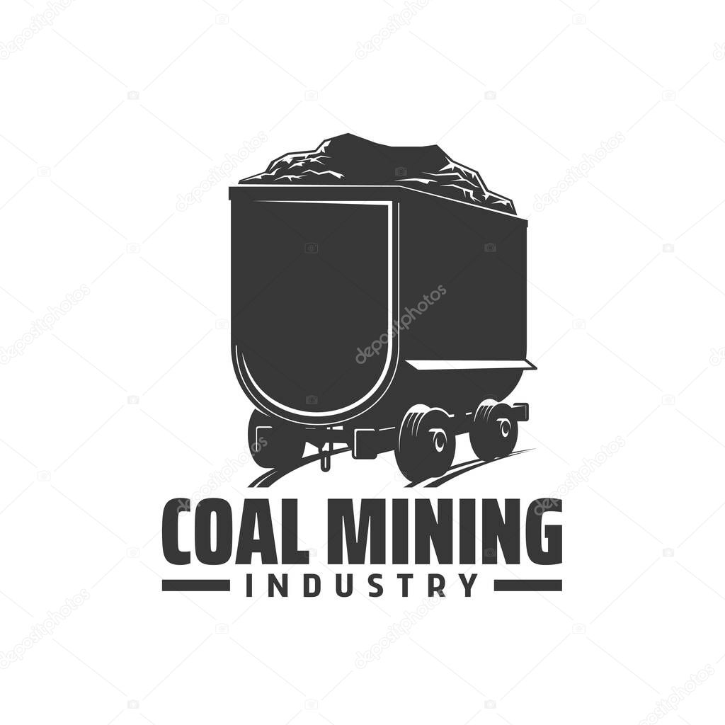 Coal mining industry icon, vector emblem mine trolley on rails. Miner equipment, railroad cart with fossil mineral resource isolated on white background. Monochrome minecart with quarry production