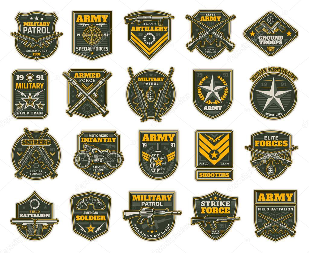 Military and army patches or icons, vector chevrons for sniper, shooter, motorized infantry and elite forces. Field battalion, shooters and military patrol, isolated army insignia with weapon set
