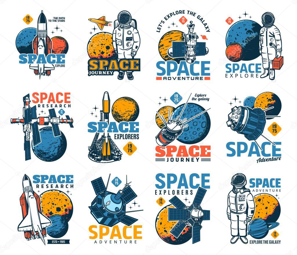 Space and galaxy discovery icons with isolated vector astronauts, spaceships, universe planets and stars, satellites, shuttles, spacesuits and helmets of spaceman. Space adventure or astrology emblems