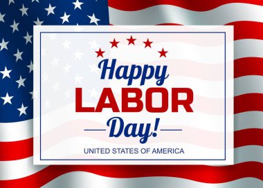 İşçi bayrağı, davetiye ya da tebrik kartı tasarım şablonu ve ABD ulusal bayrağı yıldızları ve şerit vektörünü sallayan bir tipografi. Amerika Birleşik Devletleri federal bayram posteri