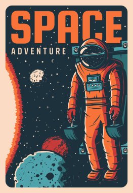 Astronot uzay keşfi macera retro posteri. Uzay giysili astronot uzay, güneş sistemi gezegenleri ve güneş vektörlerinde manevra ya da itici güç birimiyle uçuyor. Galaksi bayrağı keşfetti