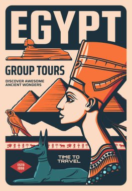 Mısır grubu retro vektör posterleri, eski Mısır kültürü Nefertiti Queen, Mısır ölüm tanrısı Anubis, Horus ve piramitli sfenks ile birlikte antika bir kart keşfetti. Seyahat, tarih ve din