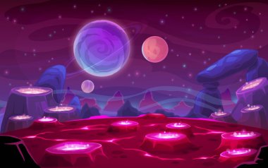 Uzay fantezi gezegeni yüzey karikatür arka planı. Volkanlar, parlayan gayzerler, kaynayan sıcak lav veya kimyasallar, kayalık yüzey ve dağ zirveleri, halkalı uydular, gökyüzü vektöründeki yıldızlar.