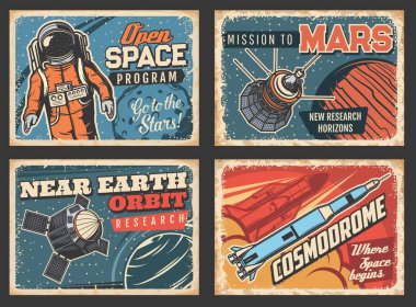 Dış uzay programı ve Dünya yörüngesi araştırma vektörü retro posterleri. Astronot, uydular ve uzay gemisi evrende. Galaksi, derin uzay keşfi, kozmik görev, klasik grunge kartları.