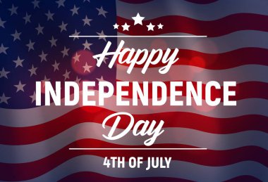 Bağımsızlık Günü 'nüz kutlu olsun vektör tebrik kartı, ABD bayrağı sallıyor. Yıldızlar ve çizgili arka planda tipografisi olan Amerika Birleşik Devletleri olay afişi. 4 Temmuz Amerikan vatanseverlik bayramı
