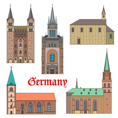 Almanya tarihi binalar, mimari kaleler, gotik saraylar ve kiliseler, vektör. Lemgo 'daki Marienkirche, Hoxter Corvey Manastırı, Soest' teki St. Nikolai Kilisesi, Bielefeld Kilisesi ve Aachen Pfalz Sarayı.