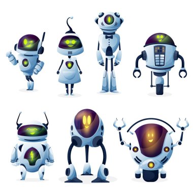 Kadın ve erkek robot vektörlü yapay zeka çizgi karakterleri olan robot. Sevimli modern android kadın, sayborg erkekler ve robot yardımcılar komik yüzlü, gelecekteki teknolojiler tasarımı