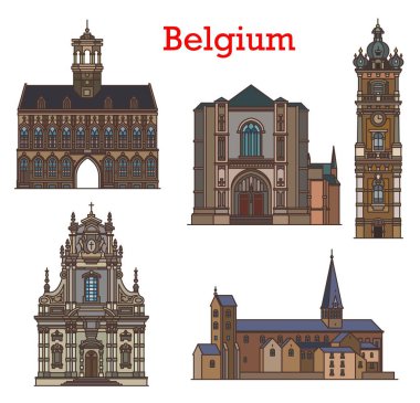 Belçika katedralleri, Mons, Binche ve Louvain şehirlerinin mimari simgeleri ve kiliseleri, vektör. Belçika mimari kulesi, Sint Michielskerk veya St Michael kilisesi ve Stadhuis belediye binası
