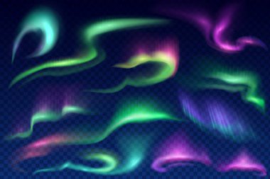 Kuzey, kutup ve aurora borealis vektör ışıkları şeffaf arkaplanda. Gerçekçi 3D auroralar parlak yeşil, mor ve mavi kıvrımlı kuzey ve kutup ışıkları, kutup ışıltısı