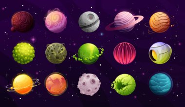 Yabancı gezegenler, galaksi fantezi dünyası çizgi film ikonları. Yapay gezegen, sıcak ve kayalık yüzeyi olan uydu, dünya dışı organizma, yıldız ve fantastik uzay gemisi vektörü. Oyun tasarım ögeleri