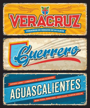 Veracruz, Guerrero ve Aguascalientes teneke plakalar, Meksika eyaleti metal işaretleri. Meksika bölgesi tipografi, devlet sembolleri ve pejmürde yanlı retro plakası. Kuzey Amerika seyahat hedefi işareti