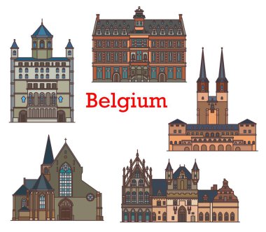 Belçika işaretleri, mimari binalar, Belçika gezisi için vektör. Nivelles 'deki St. Gertrude Kilisesi ve Mechelen' deki St John Kilisesi, Mechlin 'deki Stadhuis Belediye Binası ve Hal şehirleri, Belçika turizmi