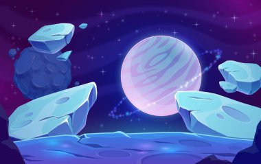 Planets and asteroids in outer space, galaxy fantasy world background. Ice or water planet with ring, satellite or comet landscape with craters on rocky surface, glowing in cosmos stars cartoon vector clipart