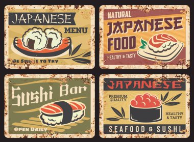 Japon mutfağı deniz ürünleri paslı metal plaka. Suşi barı, restoran menüsü teneke tabela. Japon deniz ürünleri grunge tabakları pirinç topları, nigiri ve gunkan maki suşi ruloları, tipografi ve pas dokusu.