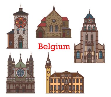 Belçika işaretleri ve seyahat mimarisi binaları, vektör antik anıtlar ve geziler. Flanders 'taki Aziz Gummerus Gummaruskerk' in Belçika kiliseleri, Tournai 'deki Leydi Katedral Notre Dame