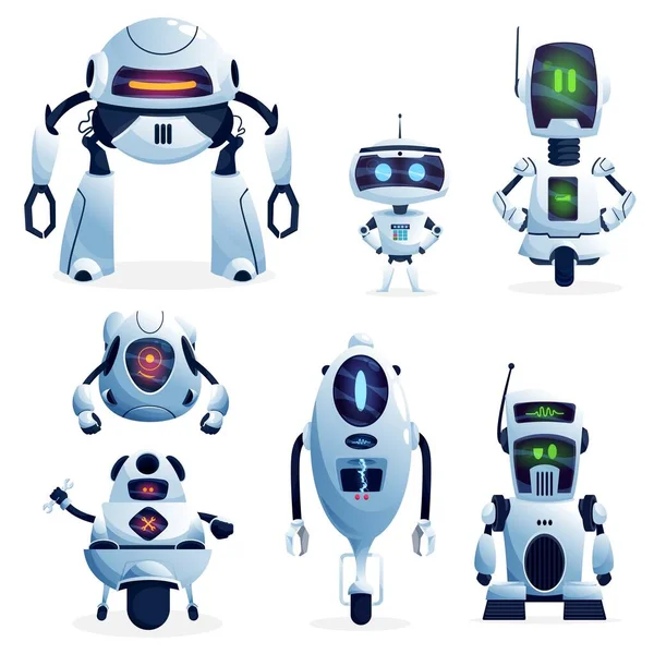 Robots Dessin Animé Personnages Vectoriels Cyborgs Jouets Bots Technologie Intelligence — Image vectorielle