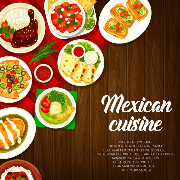 Mexican Cuisine Restaurant Dishes Banner Chicken Mole Poblano Sauce Mollete — Stock Vector