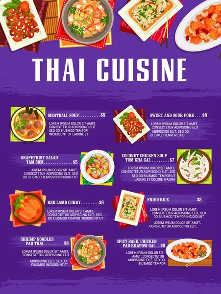 Thais Eten Restaurant Menu Dekken Gehaktbal Kokosnoot Kip Tom Kha — Stockvector